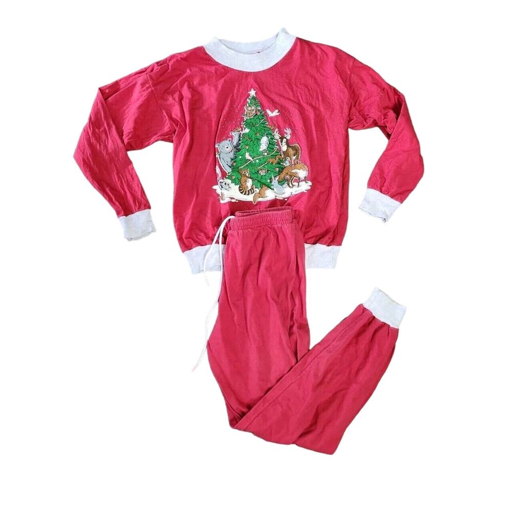 Vintage American Sportwear Christmas Sweatsuit Pjs Size Medium Red Puff‎ Paint